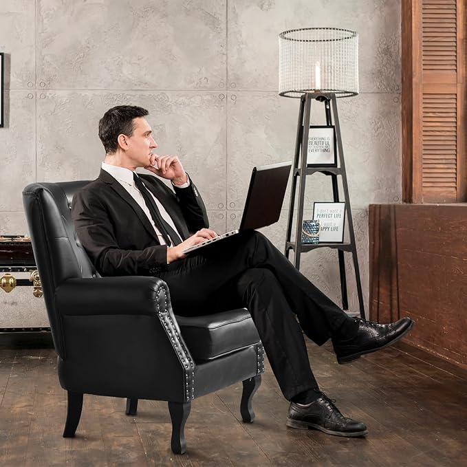 MOJAY PU Leather Accent Chair Set of 2, Modern Armchair Living Room Chair, Upholstered Club Chair with Rivet Trim, Mid-Century Sofa Chair with Sturdy Wood Legs for Bedroom (Black)