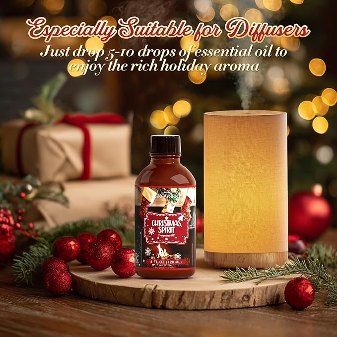 Christmas Spirit Fragrance Oil, Huge 4 Fl Oz, Premium Grade Winter Essential Oil for Diffuser and Aromatherapy, Christmas Scent for Soap Making, DIY Candle, Spray, Long Lasting Seasonal Scents