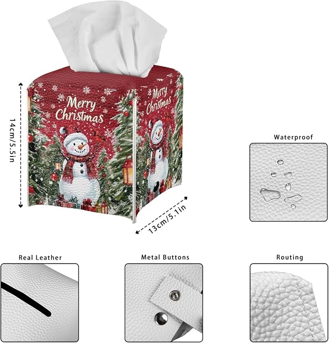 Christmas Tissue Box Cover Square PU Leather Tissue Box Holder Facial Paper Boxes Case for Tabletop Night Stands Bathroom Office Modern Decorative Cute Snowman Cube Napkin Case
