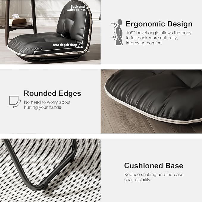 Folding Comfy Saucer Chair, Pu Leather Butterfly Chair, Moon Chair for Indoor & Outdoor, Small Reading Lounge Lazy Chair for Bedroom,Living Room, Dorm Rooms,Small Space (Black)