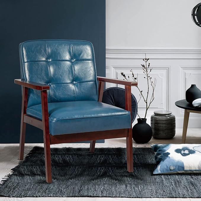 Okeysen Mid Century Modern Accent Chairs, Retro Wood and Leather Armchairs Side Chair, Lounge Reading Comfy Arm Chair for Living Room, Bedroom, Office (Blue)