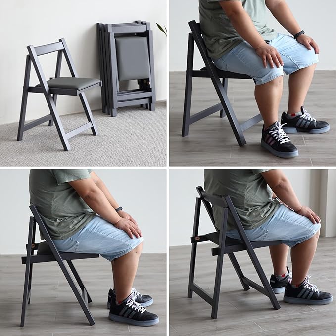 FUNROLUX Folding Dining Chairs with Padded Seats 2 Pack Wooden Folding Chairs for Kitchen Table Event Party Indoor 198LB Weight Capacity (Grey)