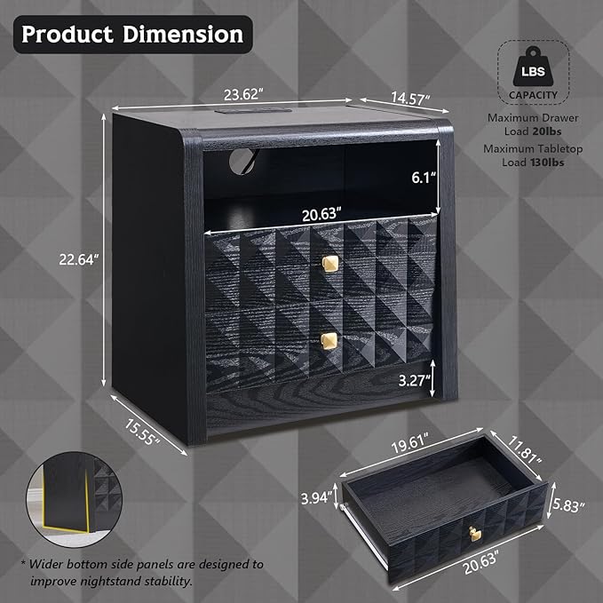 Modern Night Stand Set 2, 23.62" Wide Wood Side Table w/2 Storage Drawers &Open Shelf &Charging Station, Mid Century Modern Bedside w/Diamond Panel Decorate for Bedroom, Curved Profile Design, Black