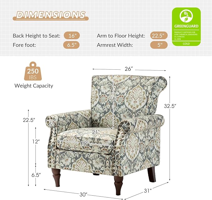 HULALA HOME Modern Wingback Accent Chairs Set of 2 with Wood Legs & Removable Cushion, Comfy Upholstered Armchairs with Nailhead Trim, Floral Pattern Single Sofa Chairs for Living Room Bedroom, Pine