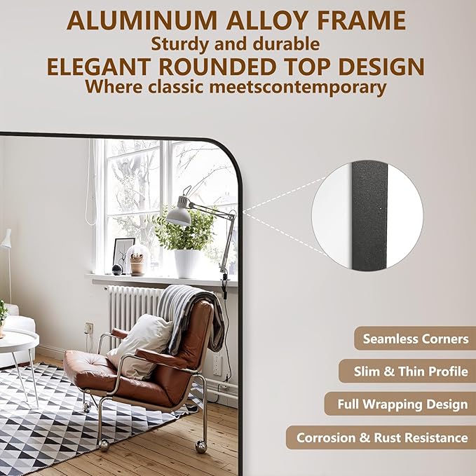Koonmi Full Length Mirror, 78"x35" Mirror Full Length with Stand, Black Domed Top Square-Edged Floor Mirror with Aluminum Alloy Frame for Bedroom Living Room