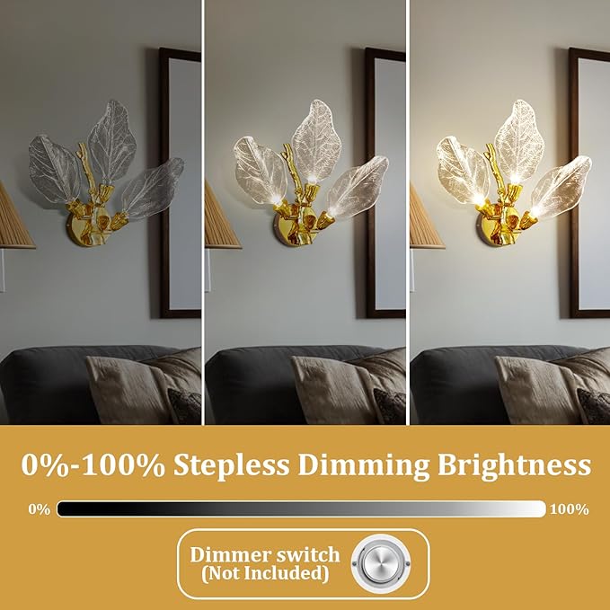 LED Gold Wall Sconces, Dimmable Modern Wall Lights, Bionic Leaf Vanity Light Fixtures for Bathroom, Bedside Wall Lamp Perfect for Bedroom, Living Room, Kitchen,Hallway (1 pcs,Gold)
