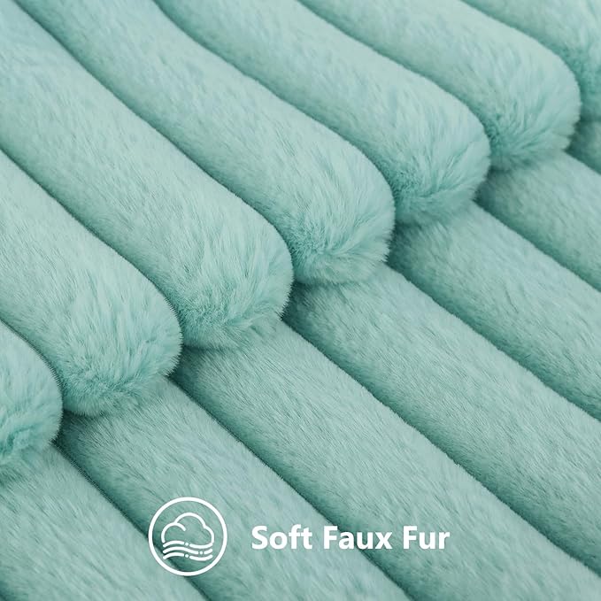decorUhome Faux Fur Throw Pillow Covers 16x16 Set of 2, Decorative Soft Plush Striped Neutral Couch Euro Pillow Covers with Velvet Back for Sofa, Bed, Living Room Home Decor, Aqua