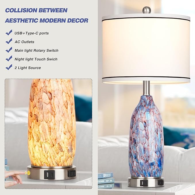 26" Coastal Glass Table Lamps Set of 2,Nautical lamp with USB A+C Ports & AC Outlet,Bule Bedside Lamps with 3-Way Dimmable Touch Control Night Light for Bedroom Living Room(Bulbs Included)