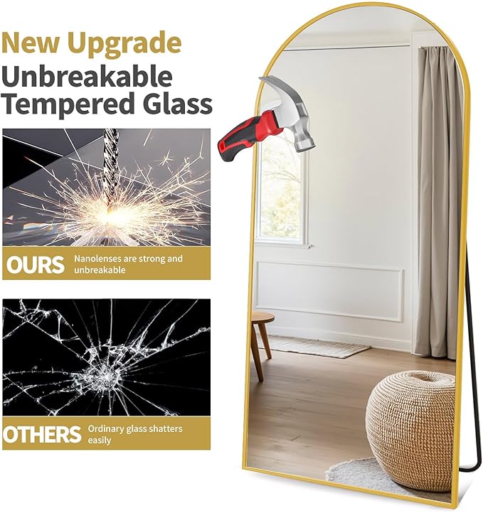 71"X26" Arched Full Length Mirror, Free Standing Leaning or Wall-Mounted Mirror, Aluminum Frame Modern Mirrors for Living Room, Bedroom, Cloakroom, Gold