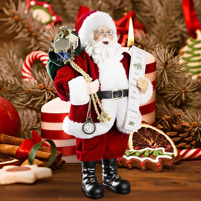 Uten 11" Santa Claus Decorations with Glasses Blessing Letter and Gifts Bag, Christmas Standing Figurine Ornaments for New Year Christmas Decoration Navidad Natal Gifts.