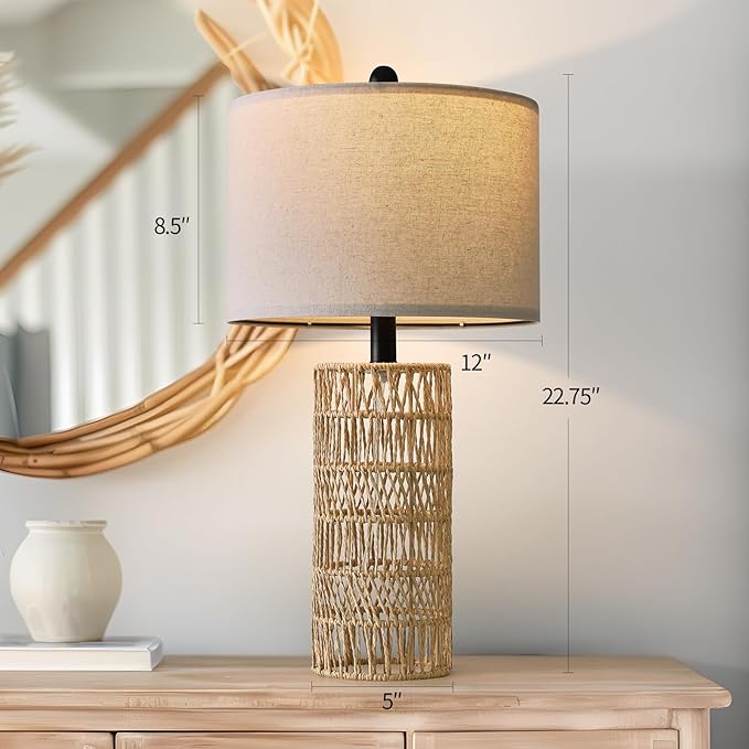 OYEARS 22.5" Boho Table Lamps Set of 2 for Living Room, Bedside Lamp for Nightstands, Rattan Lamp for Bedroom, Farmhouse Table Lamp for Room Decor, End Table, Retro, Brown(Not Include Bulbs)