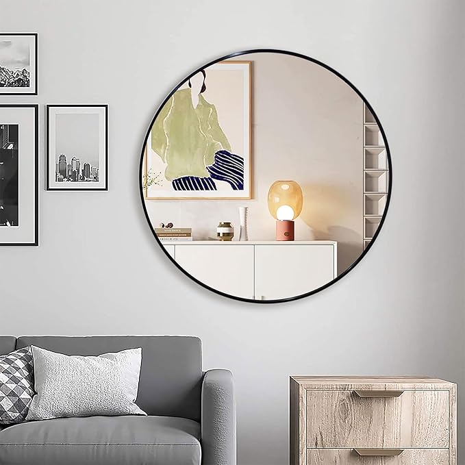 30 inch Round Black Mirror, Brushed Black Metal Framed Circle Wall Mirror for Bathroom Vanity, Bedroom Decor, Living Room, Entryway