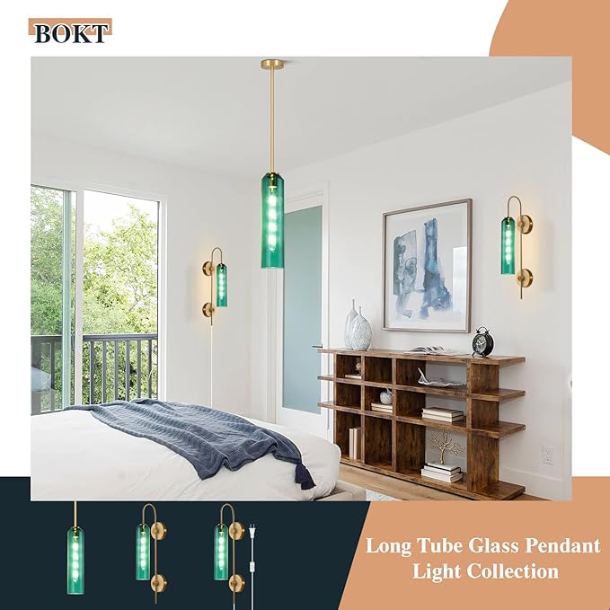 BOKT Modern Gold Plug in Wall Sconce Green Glass Bedside Wall Light Fixtures Plug in Cord Mid Century Long Metal Wall Sconce Single Bathroom Bar Wall Lamp (Green)