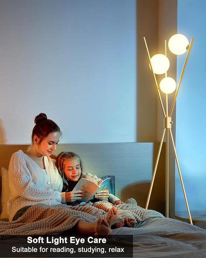 Lightdot Tripod Floor Lamp Stepless Dimmable Globe Modern Floor Lamp Gold Standing Lamps with 3PCS 3000K G9 Bulbs Stable Base Mid Century Modern Floor Lamps for Living Room