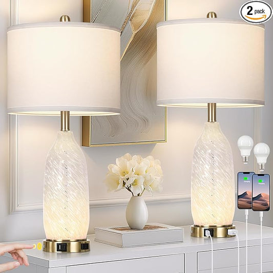 26" Modern Clear Glass Table Lamps Set of 2,Nightstand Lamp with USB A+C Ports & AC Outlet,Bedside Lamps with 3-Way Dimmable Touch Control Night Light for Bedroom Living Room(Bulbs Included)