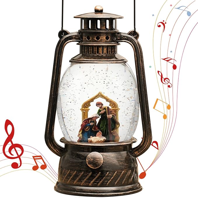 Christmas Nativity Snow Globe,Musical Lighted Glitter with 6H Timer Christmas Decorations Nativity Scene Snow Globe Religious Christmas Decor with Gift Box