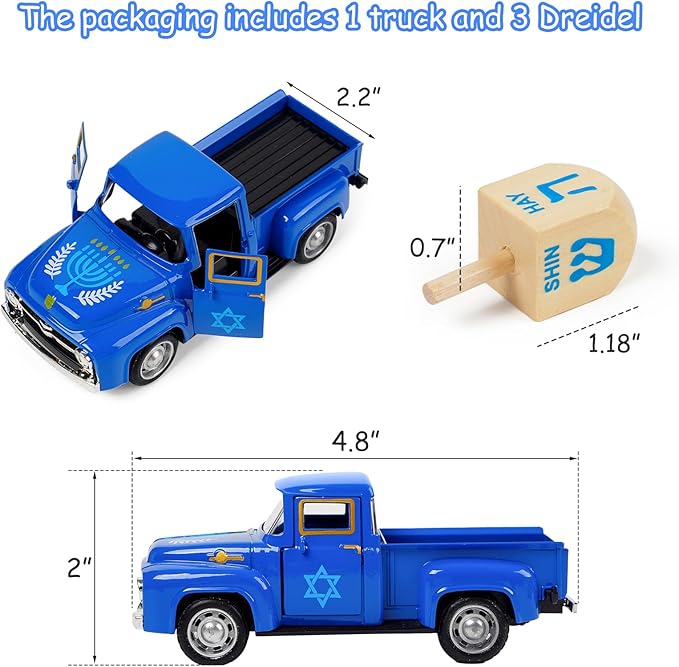 CRCZK Hanukkah Home Decor - Mini Metal Truck with Wood Dreidel - Festive Jewish Holiday Tabletop Decor, Gift for Kids