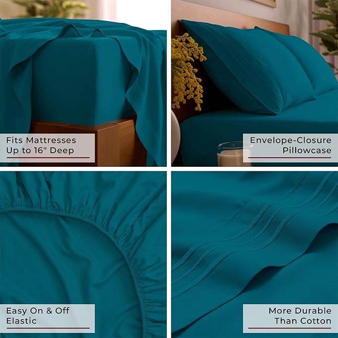 Mellanni Queen Sheets Set - 4 PC Iconic Collection Bedding - Hotel Luxury, Extra Soft, Cooling Bed Sheets - Wrinkle, Fade, Stain Resistant (Queen, Teal)