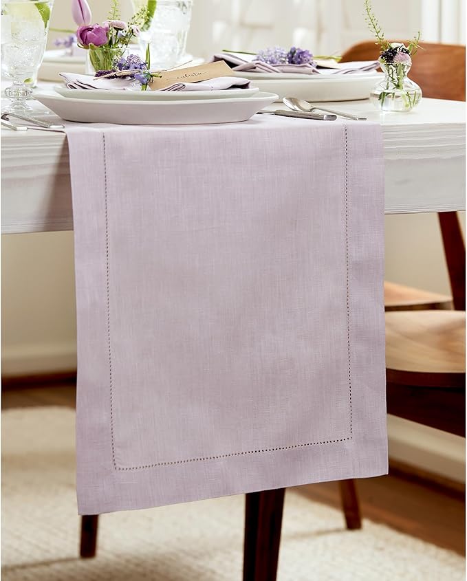 Solino Home Linen Lilac Table Runner 132 Inches Long - 100% Pure Linen Extra Long Table Runner 14 x 132 Inch for Fall, Autumn, Thanksgiving, Christmas - Classic Hemstitch