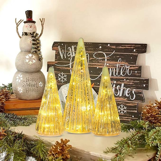 YEAHOME Christmas Decorations Indoor, 3 Pack Pre-lit Gold Glass Christmas Tree Home Decor, Christmas Table Decorations Lighted Xmas Tree with Timer for Living Room Fireplace Tabletop Party