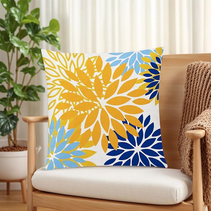 Blue Orange Pillow Covers 16x16 Set of 6, Yellow Blue Throw Pillow Cover for Couch, Daisy Dahlia Flower Pillowcase for Sofa Bedroom Living Room Farmhouse Home Decor