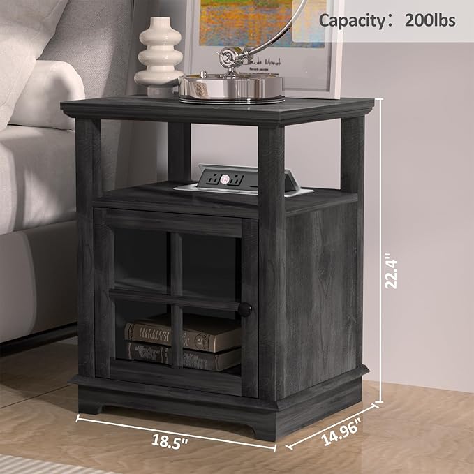 HIFYOBRO End Table with Charging Station, Adjustable Shelf & Storage, Modern Farmhouse Nightstand for Bedroom, Living Room, Office