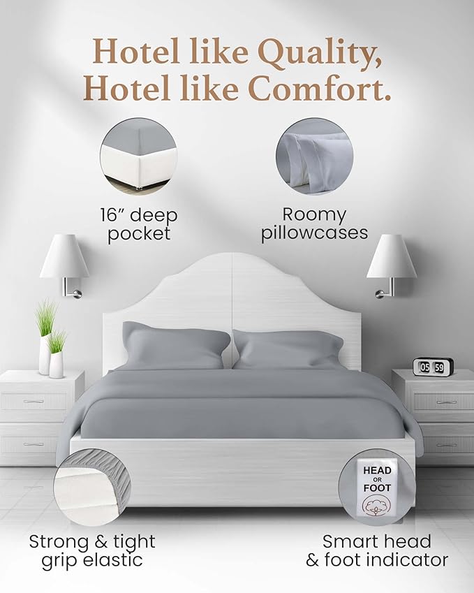 Good Sleep Bedding Twin Sheets - 100% Egyptian Cotton Twin Sheet Set, 4Pc, 1000 TC, Sateen Weave, Hotel Quality Size Bed Set, Soft, 16" Deep Pocket Sheets - Light Grey Bedsheets