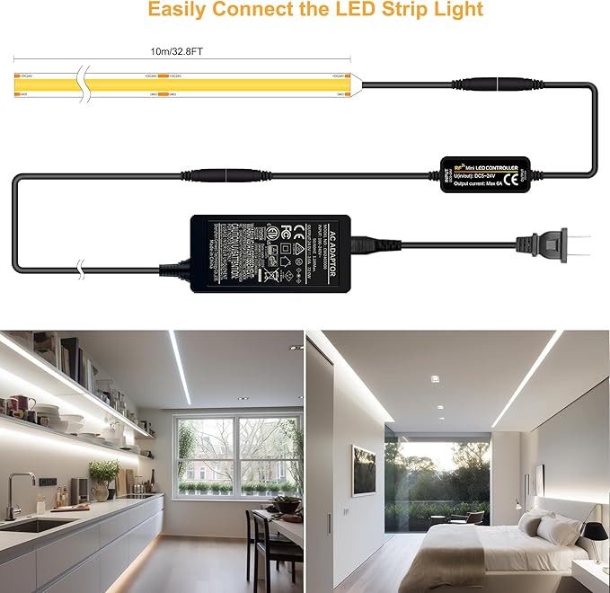 LED Strip Lights 32.8FT,Dimmable cob led Strip with Adapter and Remote,24V Strip Lights CRI90+ 8mm Wide 3840leds,Natural White 4000K Indoor led Tape,Perfect for Cabinet,Room,Kitchen,TV