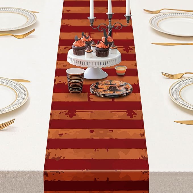 Wehhbtye 2 Pcs Halloween Creepy Table Runner, Bloody Striped Evil Circus Tablerunner with Tassels, Horror Table Decoration for Halloween Themed Party Supplies
