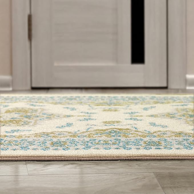 Antep Rugs Alfombras Oriental Traditional 2x10 Non-Skid (Non-Slip) Low Profile Pile Rubber Backing Indoor Runner Rugs (Blue Beige, 2' x 10')
