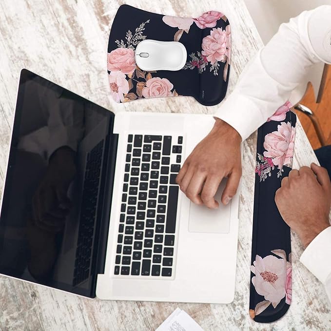 MOSISO Wrist Rest Support for Mouse Pad & Keyboard Set, Peony Ergonomic Mousepad Non-Slip Base Home/Office Pain Relief & Easy Typing Cushion with Neoprene Cloth & Raised Memory Foam, Black