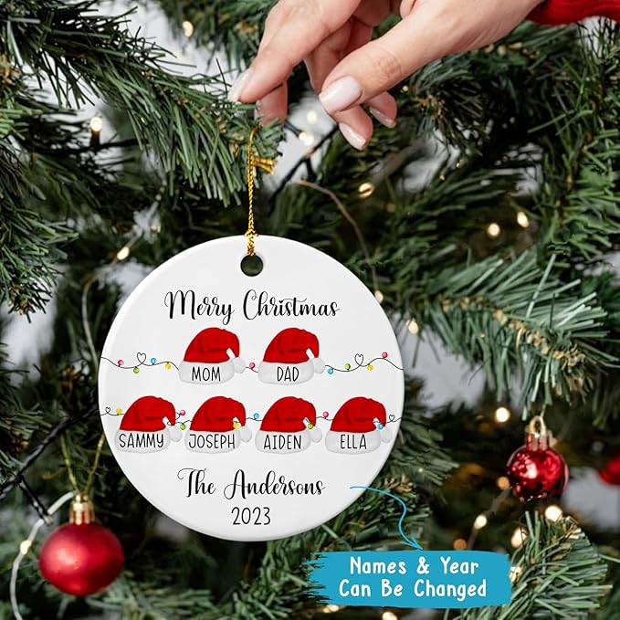Merry Christmas Family Santa Hats Ornament, Personalized Family Ceramic Ornament, Family of 6 Ornament Gift for Family Keepsake, Custom 1st Xmas As A Family of Six Ornament 2025, Santa Ornaments