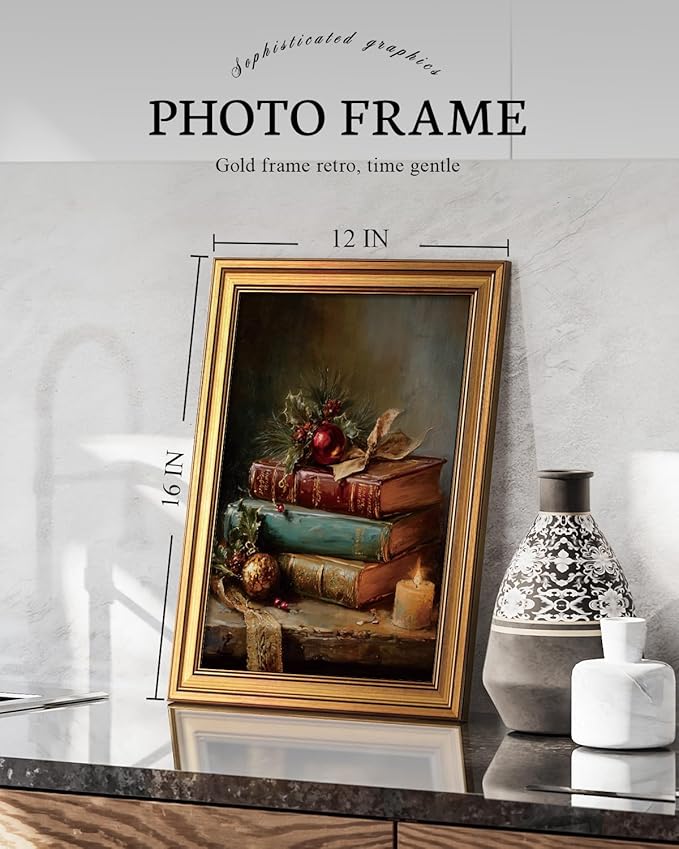 VIYYIEA Vintage Gold Framed Wall Art for Living Room, Christmas Canvas Prints Home Decor, Oil Painting Picture, Bedroom Wall Decor Gifts for Friends or Family -【Christmas Magic Book】-(16L x 12W)