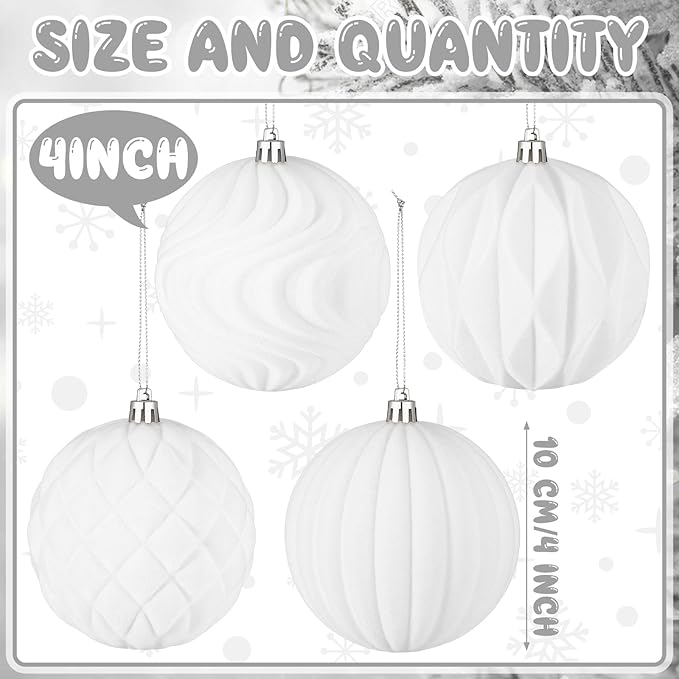 4 Pcs 4 Inch Large Velvet Christmas Ball Ornaments Vintage Christmas Plastic Ball Ornaments Flocked Tree Hanging Decoration for Xmas Party Wedding Home Decor(White)