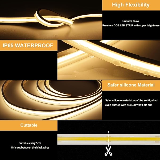 COB LED Strip Lights,2700K Warm White,24V led Light Strips Waterproof,480LEDs/M,16.4ft/5M,CRI90+ Outdoor cob led,Ip67 led Strip for Bathroom Decor,Pool,Garden,(Power Not Included)