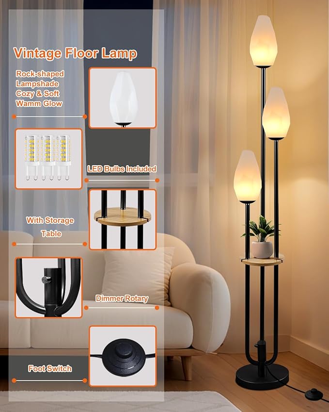 Lightdot Black Floor Lamp with Tray, 3-Lights Dimmable Floor Lamps with Rock-Shaped Shade, Unique Candle Holder Style Modern Tall Lamp for Living Room/Party(Bulbs Included)