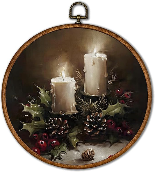 KSDUT Vintage Christmas Wall Decor Art - Vintage Christmas Candle Wall Art Canvas Frame Hanging Prints, Merry Xmas Holiday Round Wall Art Decor for Home Farmhouse Decorations 10"x10"