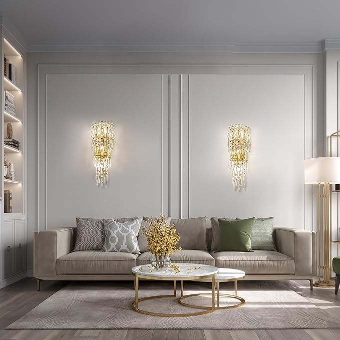 Modern K9 Crystal Wall Sconce, Gold Finish Wall Light Fixture, Acrylic Crystal Drops Wall Lamp Bedside Light 3 Tiers Crystal Wall Lamp for Bedroom Living Room,E12 Base