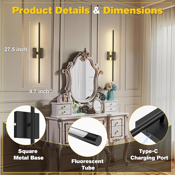 Battery Operated Wall Sconces Set of 2,Wireless Rechargeable Wall Lights: Dimmable Detachable Wall Lamp with Remote Control, 3000K-6500K Infinite Dimming, Wall Sconce for Bedroom Room 27.6 Inch
