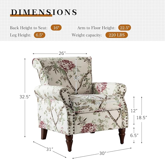 HULALA HOME Modern Wingback Accent Chairs Set of 2 with Wood Legs & Removable Cushion, Comfy Upholstered Armchairs with Nailhead Trim, Floral Pattern Single Sofa Chairs for Living Room Bedroom, Floral