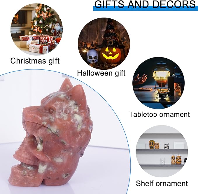 2.17 Inch Crystal Skull with Wolf Head Figurine Decor, Plum Blossom Jasper Skull with Wolf Head Statue Decor for Home Office Desk, Hand Carved Healing Crystal Animal Statues Gifts for Women Men