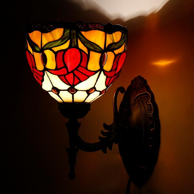 Tiffany Wall Sconce Lamp Blue Stained Glass Flower Style 8X10.5X11 Inch Plug in Wall Bedside Light for Hallway Bedroom (Tulips Style)