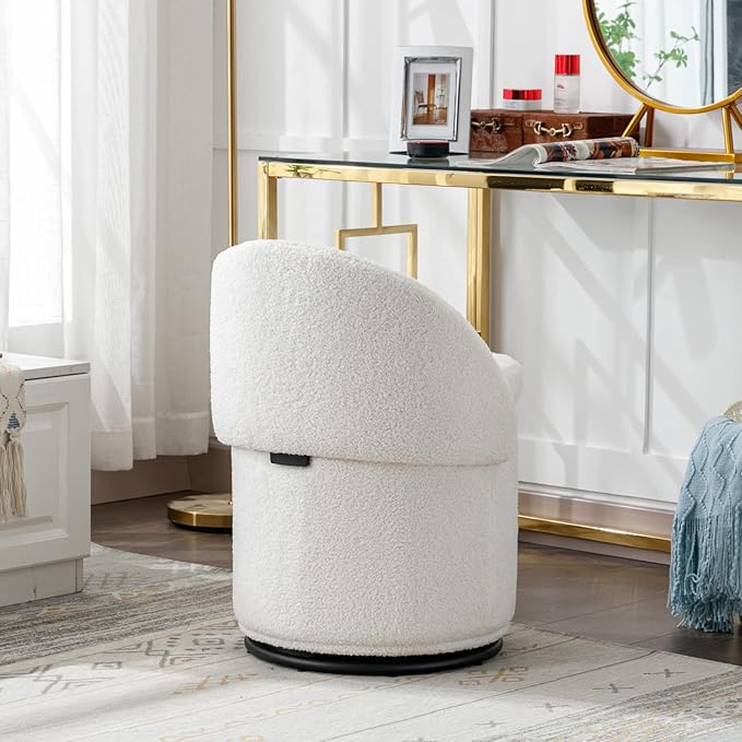 LukeAlon Sherpa Makeup Ottoman with Storage, Upholstered 360° Swivel Vanity Stool with Foldable Backrest Modern Cylindrical Footrest Stool for Living Room Bedroom, White