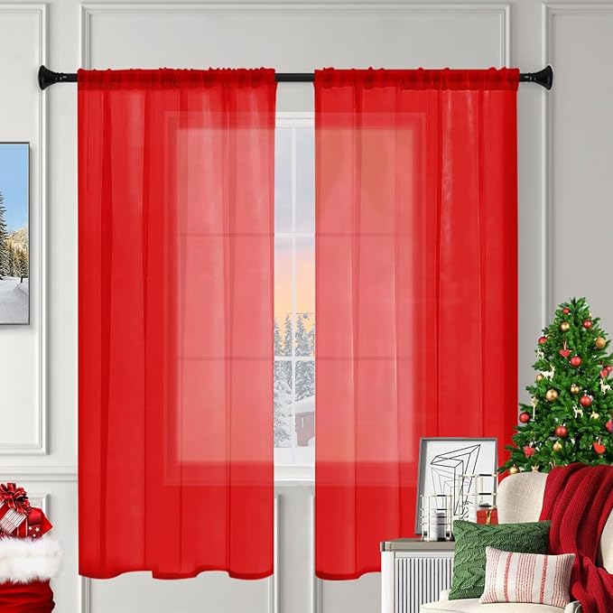 Sheer Curtains 84 Inches Long 2 Panels, Rod Pocket Short Curtain for Kitchen, Bedroom, Cafe Window(Red 38" W x 84" L)