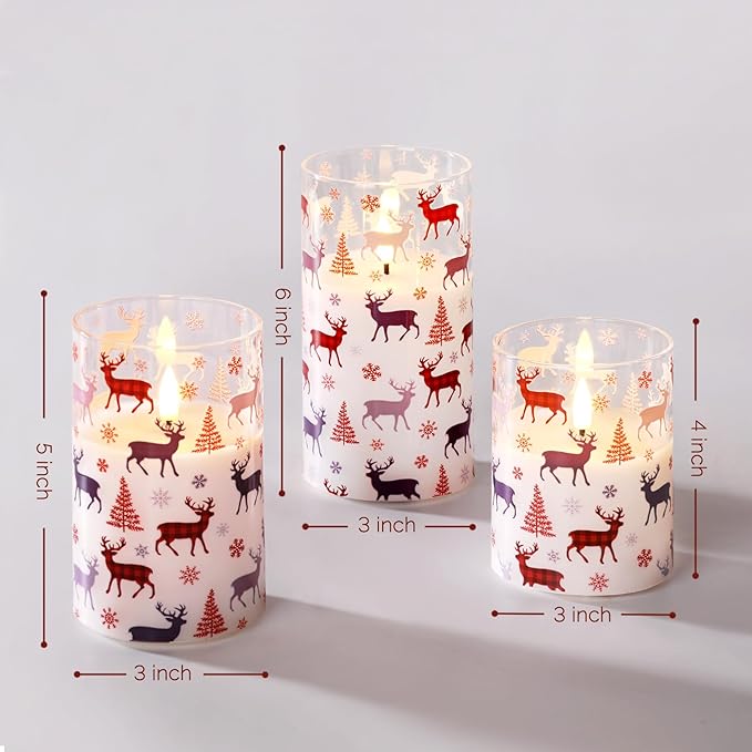 Red Buffalo Plaid Reindeer Christmas Glass Flameless Candles with Remote, Flickering Snowflakes Tree Xmas Decorative LED Pillar Candles Set of 3