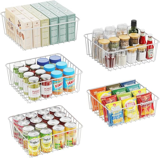 iSPECLE Wire Storage Baskets - 5 Pack Wire Baket for Pantry, Baskets Organizer Bins, Cabinet Storage Organization for Easily Get Items, White