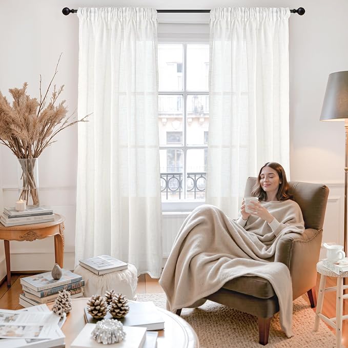 YoungsTex Linen Semi Sheer Curtains 84 Inch Length 2 Panels for Living Room, Ivory White Window Treatments Netural Texutred Light Filtering Drapes with Rod Pocket Back Tab for Bedroom, 52 X 84 Inch