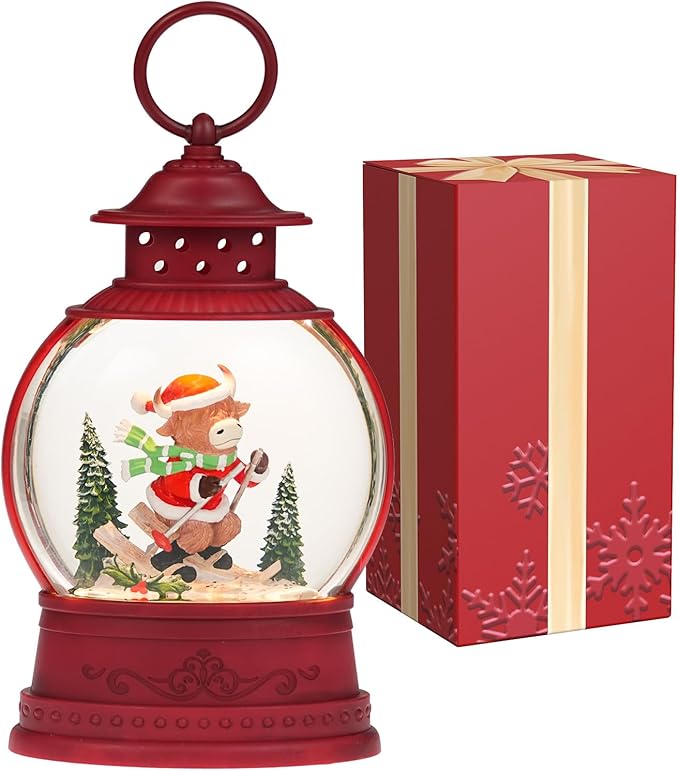 Christmas Snow Globes Skiing Yak Christmas Tree Holiday Music Lantern with Glittering & 6-Hour Timer, USB/Battery Powered Red Holiday Decoration for Desk Display
