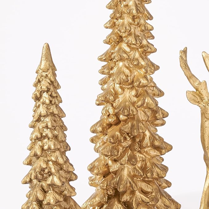 DN DECONATION Christmas Reindeer and Tree Decor – Set of 5 Gold Xmas Reindeer with Christmas Tree Statues – Vintage Resin Woodland Forest Animals Deers for Table Mantle, Indoor Winter Decor