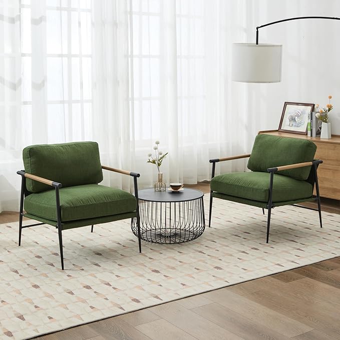 DUOMAY Mid-Century Modern Accent Chairs Armchairs Set of 2, Soft Linen Fabric Sofa Lounge Chairs Reading Chairs with Metal Leg for Living Room Bedroom Office, Green